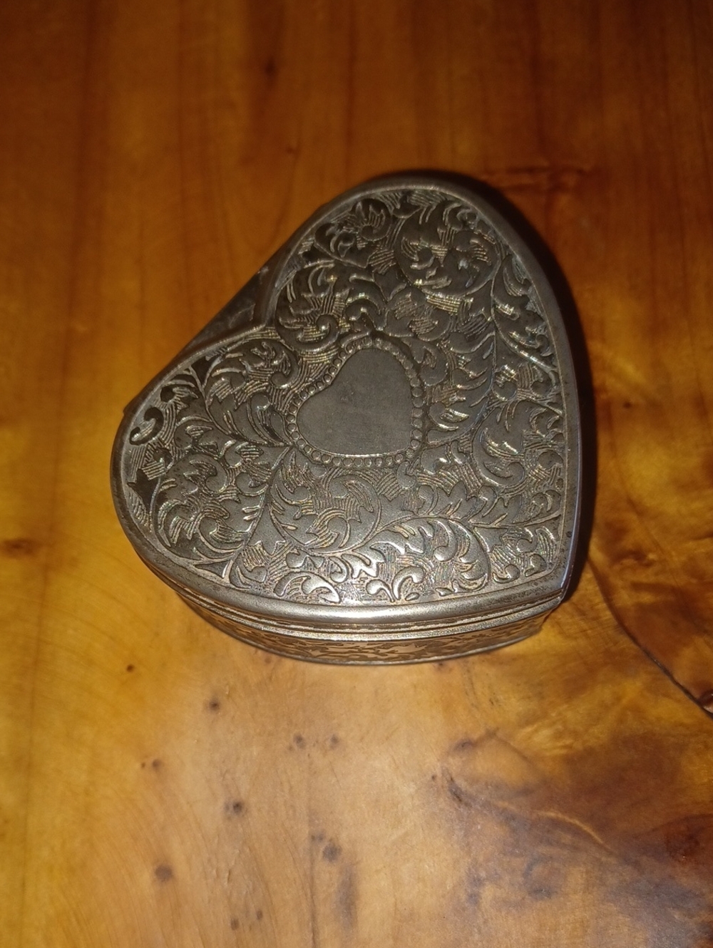 Vintage Ornate Silver Hinged Heart Trinket Jewelry Box - Red Satin Lined - Excel